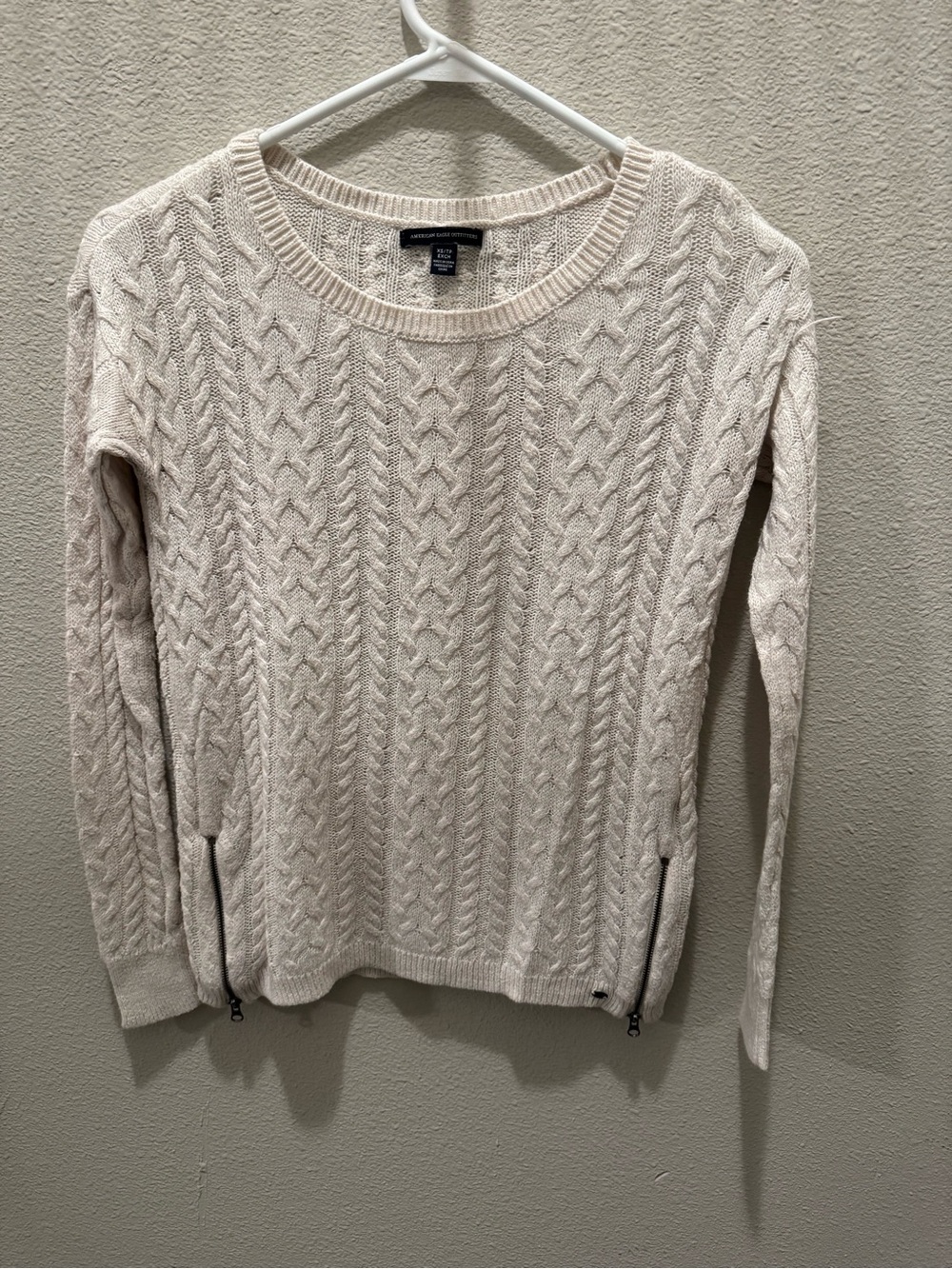American Eagle Outfitters White Cable-Knit Crewneck Sweater with Side Zippers